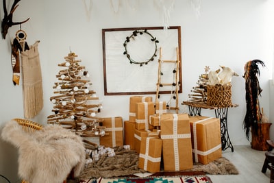 白天房间里棕色圣诞树旁的棕色硬纸板